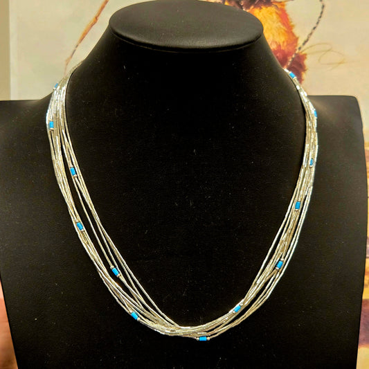 Multi Strand Liquid SIlver & Kingman Turquoise Necklace