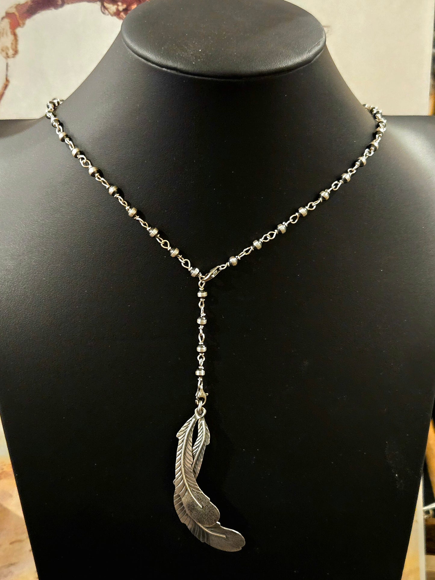 Convertable Rosary Style Desert Pearl Necklace with Feather Pendant