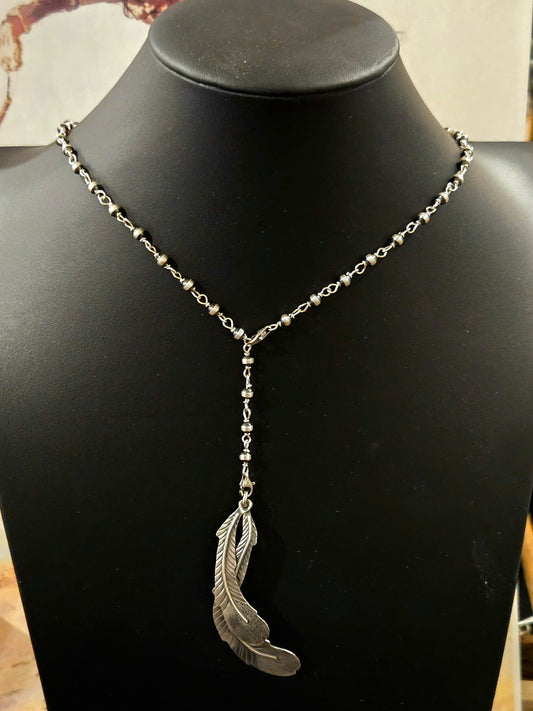 Convertable Rosary Style Desert Pearl Necklace with Feather Pendant