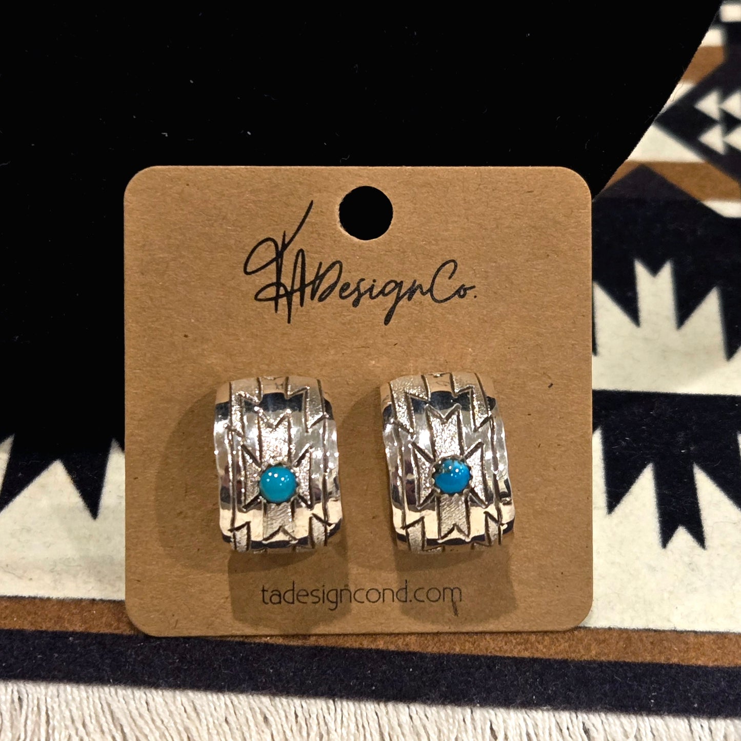 Stamped Wide Huggie Hoops with Turquoise