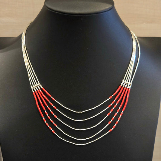 Liquid Silver & Coral Graduated Necklace