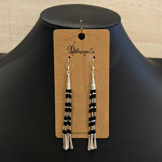 Liquid Silver & Onyx Tassle Flute Dangle Earrings