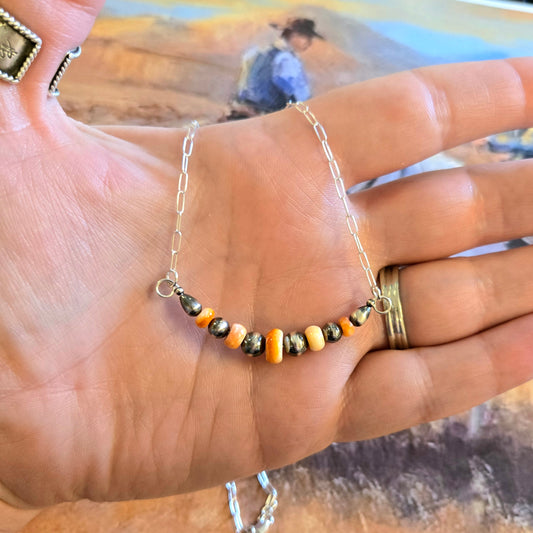 Orange Spiny Oyster Desert Pearl Bar Necklace