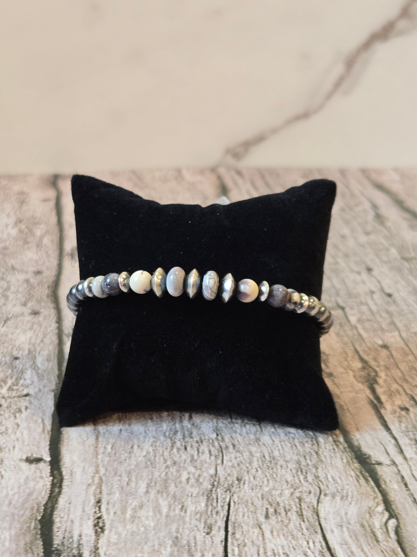 Porcelain Jasper & Desert Pearl Memory WIre Bracelet