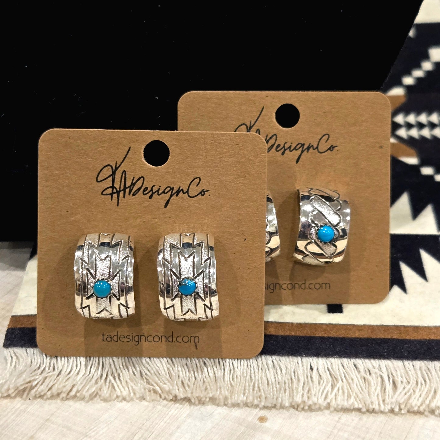Stamped Wide Huggie Hoops with Turquoise