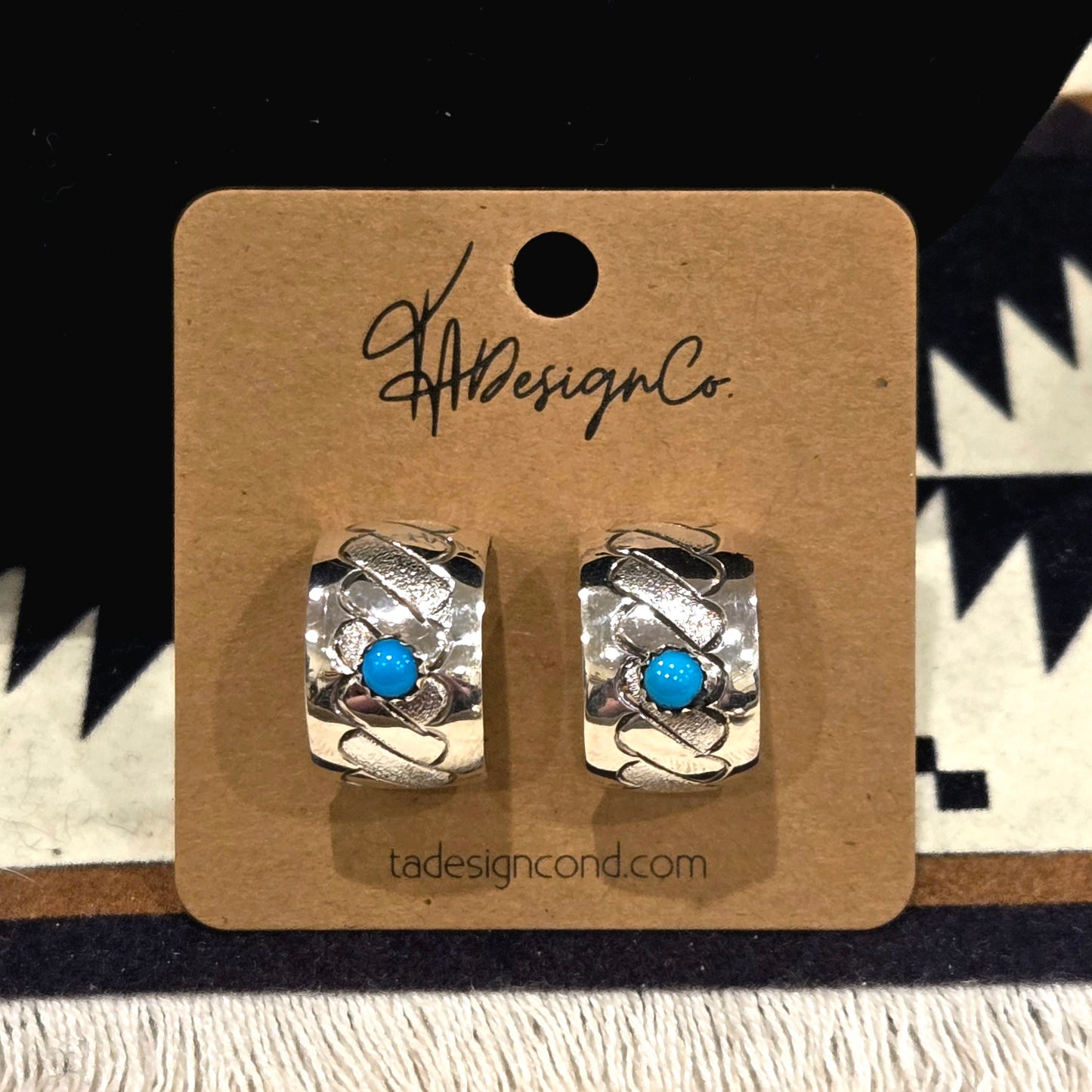 Stamped Wide Huggie Hoops with Turquoise